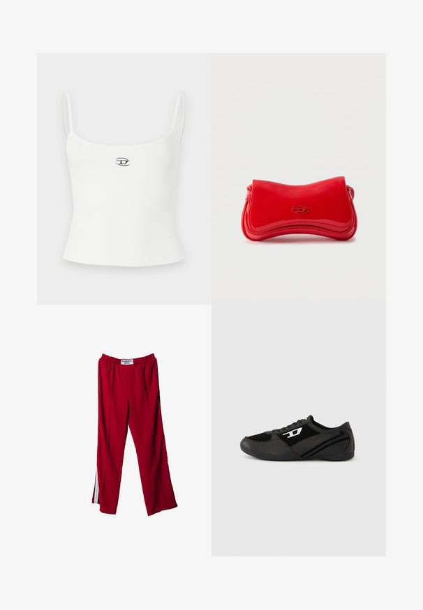 Débardeur blanc à côtes avec fines bretelles et coupe ajustée. Présente un petit logo circulaire au centre. Texture lisse, style minimaliste.; Pantalon de sport rouge avec taille élastique, présentant des fentes latérales et de légères plis. Le matériau semble lisse, avec une étiquette sur la ceinture.; Chaussures de sport noires avec tige en daim et synthétique, dotées d'un design texturé, d'un bout arrondi et d'une semelle plate. Accent logo argenté sur le côté.; Sac à main rouge brillant aux courbes douces avec un petit logo ovale sur le devant, présenté sur un fond clair uni.