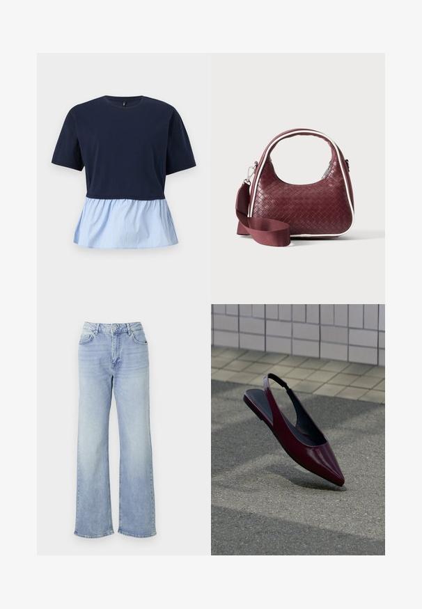 Marineblaues kurzärmeliges Oberteil mit Rundhalsausschnitt und angenähtem hellblau-weiß gestreiftem vertikalem Volant-Saum.; Helle blaue Wide-Leg-Jeans aus Denim, mit hohem Bund, fünf Taschen und einem Saum mit dezenten Fransen.; Bordeauxfarbener Slingback-Flachschuh aus Lackleder mit spitzer Spitze, der über einem strukturierten Bürgersteig nahe einer gefliesten Wand schwebt.; Dunkelrote gewebte Ledertasche mit gebogenem Griff, weißem Besatz, silbernem Reißverschluss und abnehmbarem breitem Stoff-Schulterriemen vor einfarbigem Hintergrund.