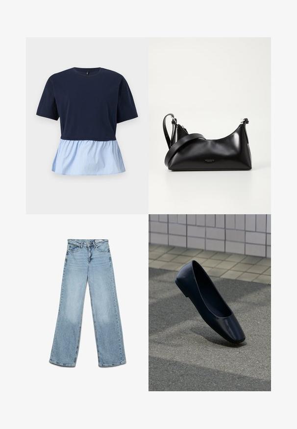 Donkerblauw topje met korte mouwen, ronde hals en een aangehechte lichtblauw-wit gestreepte peplumzoom.; Lichtblauwe jeans met hoge taille en wijde pijpen, met knoop- en ritssluiting, voor- en achterzakken en riemlussen.; Zwarte leren platte schoen staat rechtop op een asfaltoppervlak nabij de rand van een betegeld trottoir.; Zwarte leren handtas met een gladde textuur. Beschikt over een verstelbare schouderband en een strak, minimalistisch ontwerp met een ritssluiting.