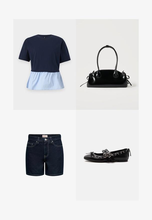 Marineblå top med korte ærmer, rund hals og påsyet peplumkant med lyseblå og hvide lodrette striber.; Mørkeblå denimshorts med en tætsiddende pasform, fem lommer, gyldne syninger og lukning med knap foran. Materialet har en glat tekstur.; Sort flad balletsko med dobbelt spænde, sølvøjer og en lille sløjfe nær den runde tå på en hvid baggrund.; Lille sort blank håndtaske med to lange håndtag og snøre-detaljer i siden på en ensfarvet lys baggrund.