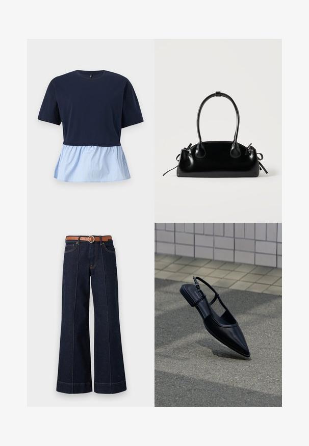 Donkerblauw topje met korte mouwen, ronde hals en een aangehechte lichtblauw-wit gestreepte peplumzoom.; Donkerblauwe denim wijde pijpen jeans met een hoge taille, een brown riem en zichtbare stikseldetails. Bevat voorzakken en heeft een relaxed fit.; Zwarte platte schoen met puntige neus en slingback, zwevend boven een asfaltoppervlak naast een betegeld trottoir.; Kleine zwarte glanzende handtas met twee lange hengsels en zijkant trekkoord details op een effen lichte achtergrond.