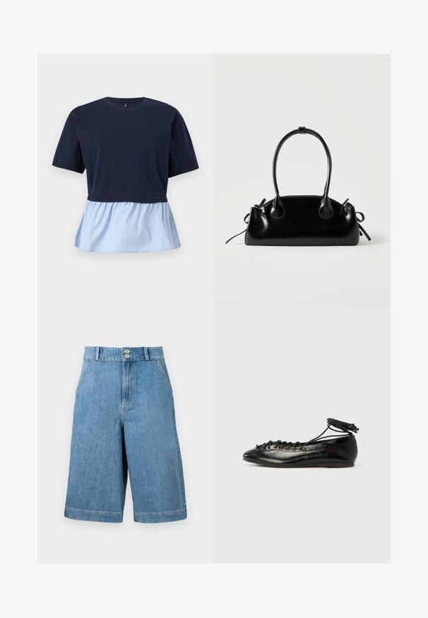 Haut à manches courtes bleu marine avec col rond et ourlet basque attaché à rayures verticales bleu clair et blanc.; Shorts en denim bleu taille haute à jambes larges, deux poches avant, passants de ceinture et fermeture à double bouton sur un fond uni.; Ballerines en cuir verni noir avec un bout rond, un design à lacets et une semelle plate. Texture lisse avec peu de détails.; Petit sac à main noir brillant avec deux longues anses et des détails à cordon sur les côtés sur un fond clair uni.