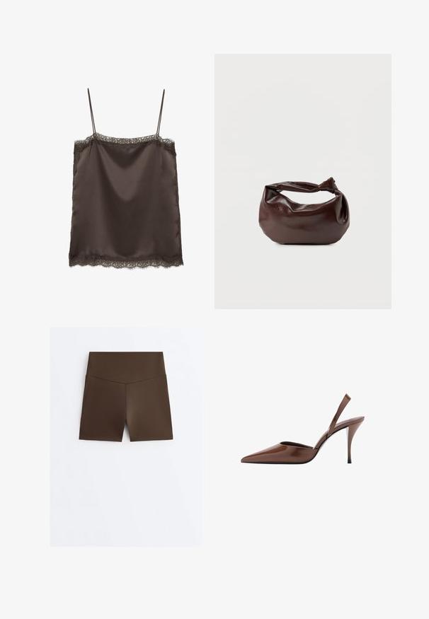Dunkelbraunes Satin-Camisole-Top mit dünnen Trägern und Spitzenbesatz entlang des Ausschnitts und Saums vor weißem Hintergrund.; Braune, hoch taillierte, enganliegende Sportshorts mit V-förmigem Nahtdetail am Bund, dargestellt vor weißem Hintergrund.; Brauner patentierter Slingback-Pump mit spitzem Zeh und Stilettosohle. Verfügt über einen schlanken Absatz und ein minimalistisches Design.; Dunkelbraune Lederschultertasche mit weicher, lockerer Form und einem gedrehten Knotengriff vor schlichtem weißem Hintergrund.