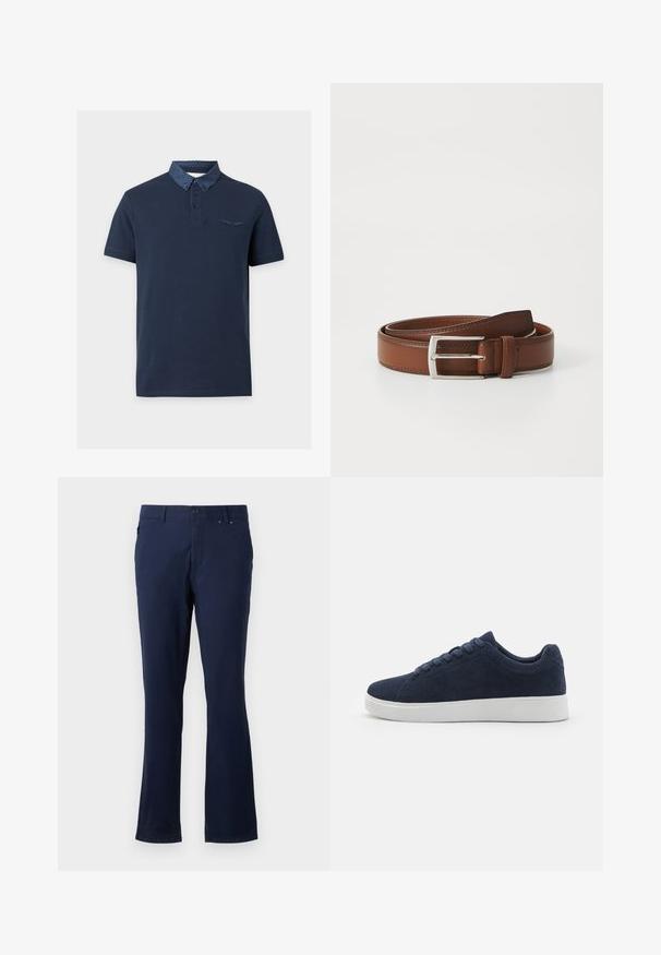 Marineblauw poloshirt met korte mouwen, een marineblauwe kraag met stippen en een bijpassende gestippelde afwerking op de klep van de borstzak.; Navyblauwe broek van lichtgewicht stof, met een recht model, voorzakken en een knoopsluiting in de taille.; Marineblauwe suède sneakers met een ronde neus, witte rubberen zool en zes veterogen. Glad textuur en minimaal ontwerp. Zijaanzicht weergegeven.; Bruine leren riem met een gladde afwerking, voorzien van een metalen gesp in zilver en subtiele stiksels langs de randen. Tijdloos en duurzaam ontwerp.
