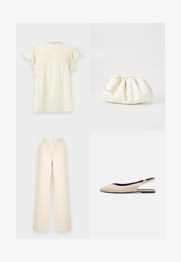 Gele blouse met korte mouwen met ruches, gestructureerde stof en kantdetail over de borst en halslijn.; Crèmekleurige wijde broek met hoge taille, verticale gestikte strepen en knoopsluiting aan de voorkant van de tailleband.; Beige leren slingback ballerina's met een spitse neus, minimalistisch ontwerp, gladde textuur en een lage zwarte zool.; Witte leren handtas met een geassembleerd ontwerp, voorzien van een gouden kettingband en een ronde vorm. Gladde textuur met zachte plooien en geen patronen.