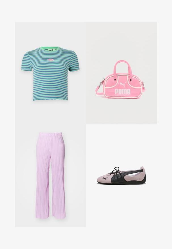 Kortærmet ribbet croptop med horisontale blå, grønne og lilla striber og et lille pink logo på brystet.; Lyserøde, plisserede bukser med bred ben-design og elastisk talje, der har en vertikal tekstur og en glat finish.; Lys rosa og sort Puma blød sål sko med åben sidelåsning og sorte snørrebånd, set fra siden på hvid baggrund.; Lyserød, glinsende håndtaske med to håndtag, hvide detaljer og en fremtrædende PUMA-logo. Har en aftagelig skulderrem og lynlås.