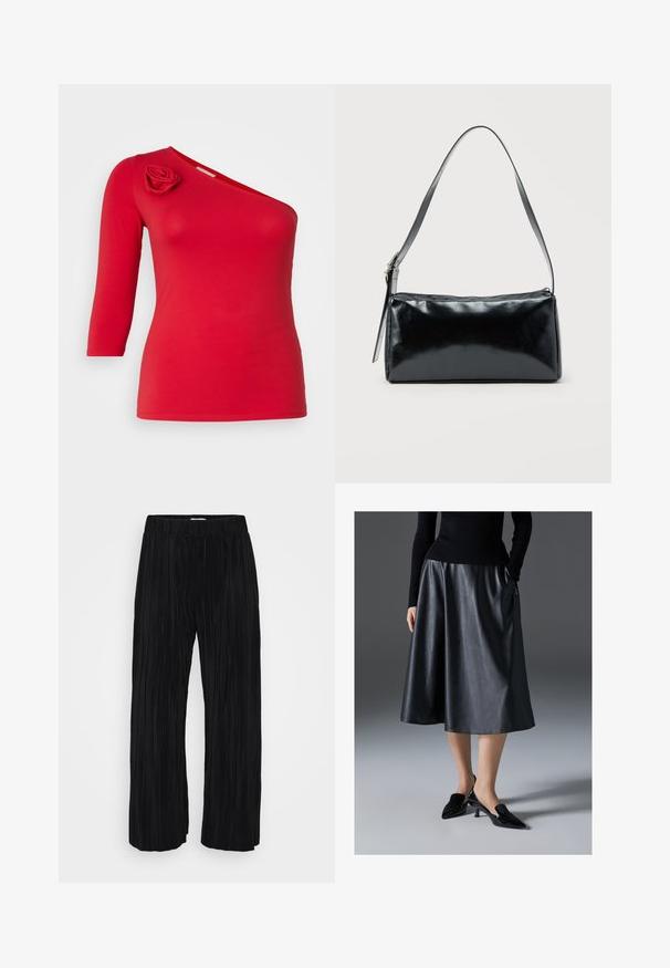 Rotes, einseitiges Top aus weicher Stoffqualität, mit einer floralen Applikation an der Schulter und Dreiviertelärmeln. Glatte Textur.; Schwarze, weite, gefaltete Hose vor einem weißen Hintergrund präsentiert, mit einem elastischen Bund. Ideal für Freizeit- oder semi-formelle Anlässe.; Schwarzer Leder-Midirock mit glatter Textur; verfügt über einen Taillenbund und Seitentaschen. Kombiniert mit glänzenden schwarzen Absatzschuhen.; Schwarze rechteckige Schultertasche mit einem verstellbaren Riemen und einem oberen Reißverschluss vor einfachem Hintergrund.