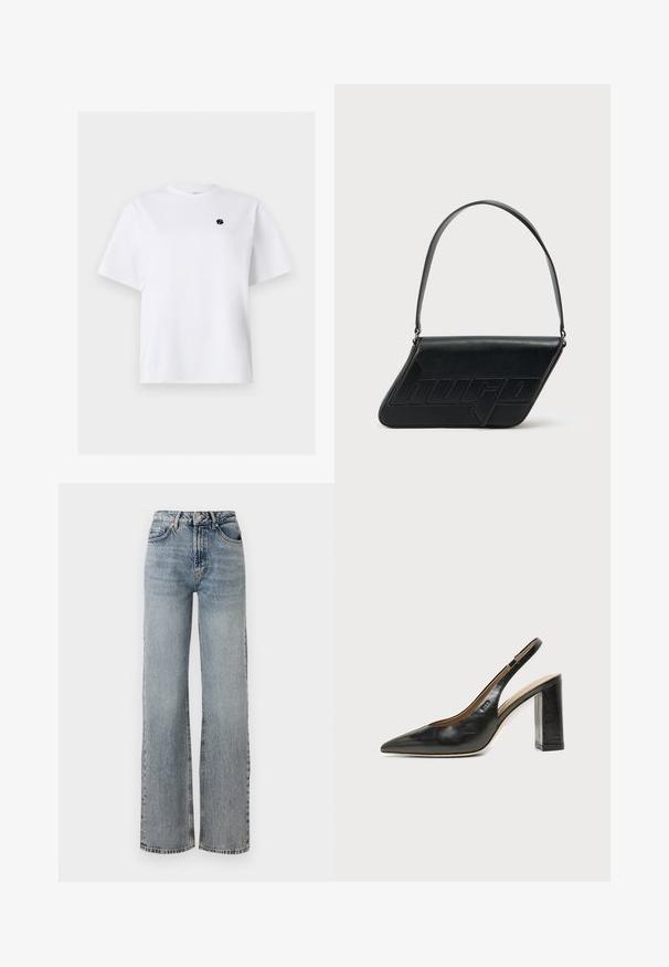 Witte T-shirt met korte mouwen en ronde hals, met een klein zwart geborduurd logo op de linkerborst.; Lichtblauwe denimjeans met een hoge taille, wijde pijpen, vervaagd afwerking en subtiele versleten details. Klassieke vijf-pocket styling.; Zwarte leren slingback schoen met spits toelopend neusje, hoge blokhak en beige binnenvoering tegen een effen lichte achtergrond.; Zwarte leren schoudertas met een driehoekige vorm, geperst logo en een enkele verstelbare riem. Minimalistisch ontwerp met een gladde textuur.