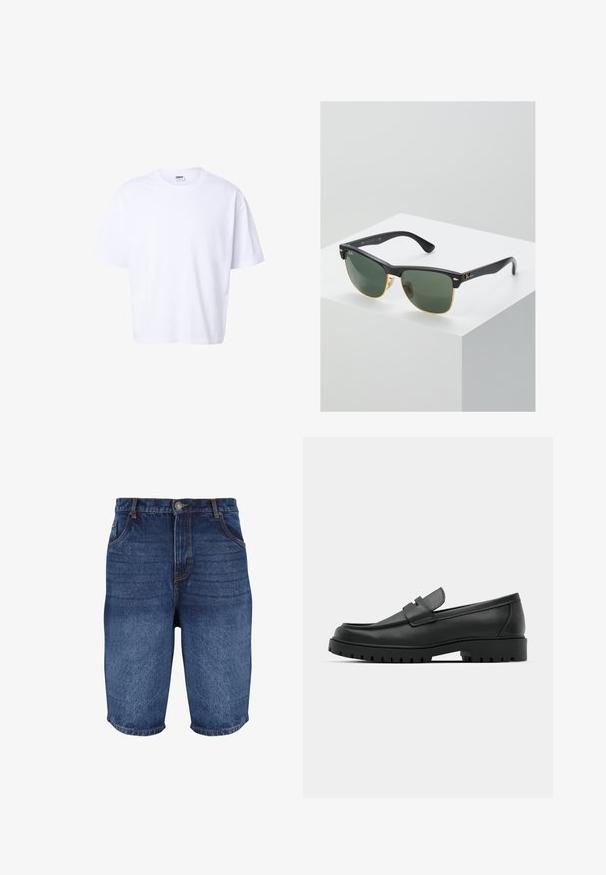 Απλό λευκό βαμβακερό T-shirt με κοντά μανίκια, στρογγυλή λαιμόκοψη, χαλαρή γραμμή και ετικέτα επωνυμίας Urban Classic στο εσωτερικό του γιακά.; Σορτς από τζιν σε σκούρο μπλε χρώμα με ξεθωριασμένο φινίρισμα. Διαθέτει πέντε τσέπες, κουμπί στο μπροστινό μέρος και ραμμένες λεπτομέρειες κατά μήκος των ραφών.; Μαύρα δερμάτινα λουστρίνια με στρογγυλή μύτη, που διαθέτουν ραμμένο σχέδιο, χαμηλή πλατφόρμα και υφή με λαστιχένια σόλα με προεξοχές.; Γυαλιά ηλίου Ray-Ban με πράσινους φακούς, μαύρο πλαστικό σκελετό και χρυσές λεπτομέρειες στις άκρες. Τετράγωνο σχήμα με ματ φινίρισμα.