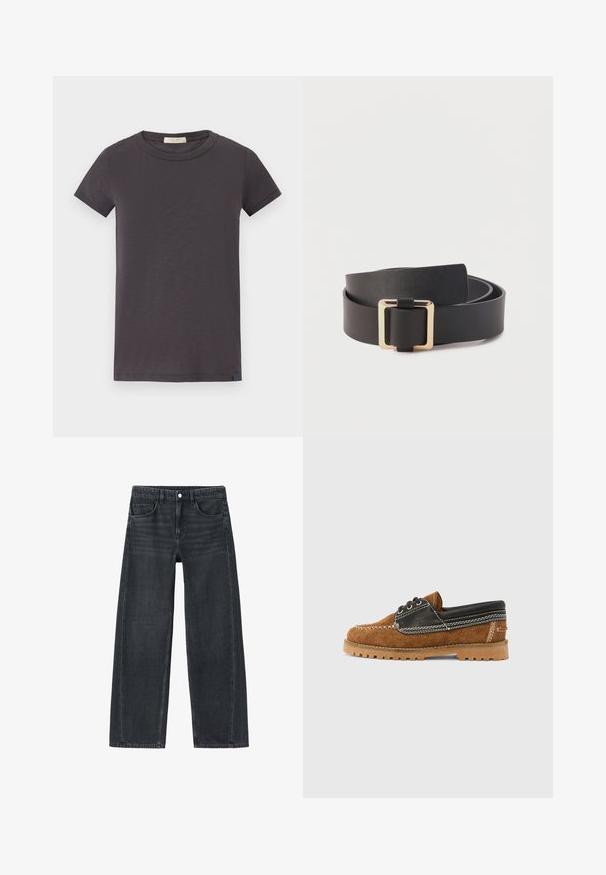 rag & bone THE SLUB - T-shirts basic - greystone; Viddebukser i mørkegrå denim. Har forlommer og et klassisk fem-lomme design. Knaplukning og subtile falmede detaljer.; Brun ruskindssko med sorte læderdetaljer, hvide syninger og en gummisål med markant slidmønster. Klassisk snørelukke-design.; Sort læderbælte rullet sammen med et firkantet spænde i guldfarvet metal på en hvid baggrund.