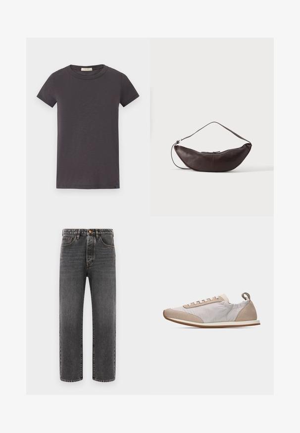rag & bone THE SLUB - Základné tričko - greystone; Tmavé šedé džínsy vyrobené z denimu, s rovnými nohavicami, piatimi vreckami a viditeľnými švami. Zatváranie na gombík v oblasti pása.; Svetlo béžová teniska s bielymi šnúrkami, semišovými detailmi na špičke a päte, mäkkými textilnými stranami a tenkou hnedej gumovou podrážkou, bočný pohľad.; Tmavohnedá kožená polmesiacová taška na rameno s oblúkovým pásikom a viditeľným prešitím na jednofarebnom pozadí.