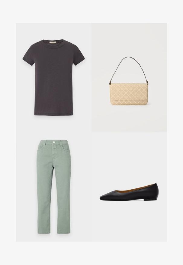 rag & bone T-shirt basic - greystone; Lichtgroene katoenen broeken met een recht-aflopende pasvorm, voorzien van voorzakken, een knoopsluiting en subtiele stikseldetails.; Zwarte leren puntschoen met lage hak en gladde afwerking, zijaanzicht op een lichtgrijze achtergrond.; Beige rechthoekige handtas met een licht kruispatroon en een donkerbruine gebogen handgreep tegen een eenvoudige lichte achtergrond.
