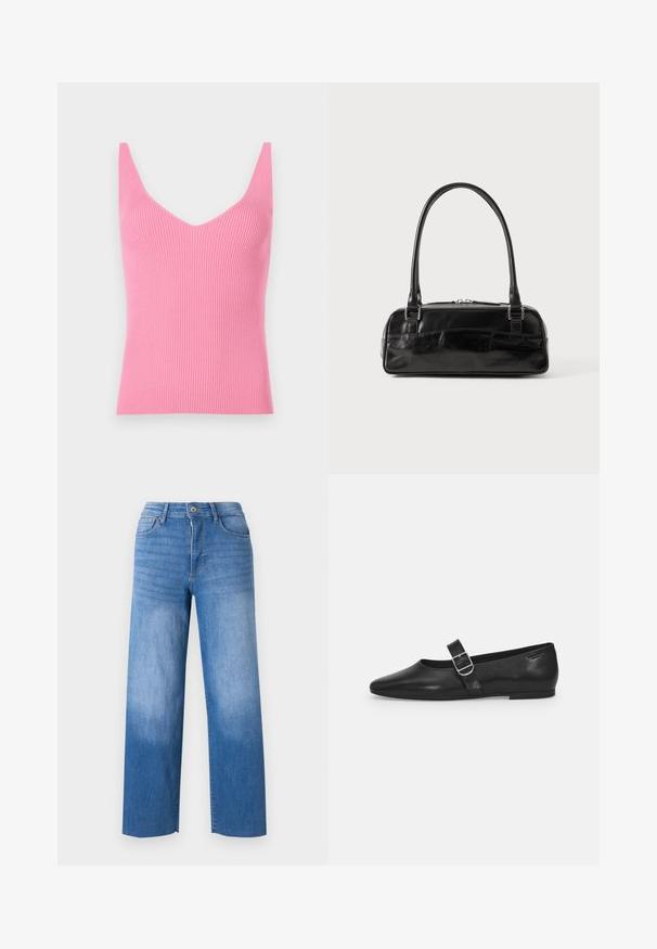 Fittet rosa ribbet tanktop med dyb V-hals, brede skulderstropper og en glat tekstur. Velegnet til lag-på-lag eller som alene brug.; Lyseblå denimjeans med vid benåbning, der har fem lommestile, lynlås i gylpen og diskret falmning på lårene. Rene kantfinish.; Sorte læder flade sko med rund tå, et enkelt justerbart spænde og en glat, blank overflade. Minimalistisk design med en lav hæl.; Sort læderhåndtaske med rektangulær form, der har et enkelt struktureret håndtag, sølvhardware og lynlås-lukning. Glat tekstur.