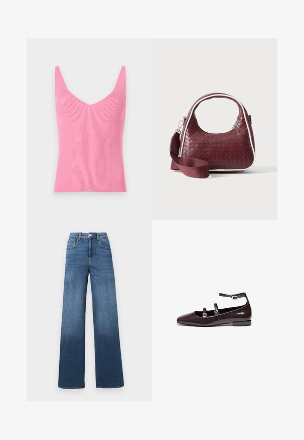 Figurbetontes, pinkes, geripptes Tanktop mit tiefem V-Ausschnitt, breiten Schulterträgern und glatter Textur. Eignet sich sowohl zum Schichten als auch zum alleinigen Tragen.; Weite Denim-Jeans in Mittelblau mit einem allmählichen Aufhellungseffekt bis zum Saum, ausgestattet mit einem Standardknopf und einem Reißverschluss.; Braune Lacklederschuhe mit spitzem Zehenbereich, ausgestattet mit zwei verstellbaren Riemen und silbernen Schnallen sowie einem niedrigen, quadratischen Absatz.; Dunkelrote gewebte Ledertasche mit gebogenem Griff, weißem Besatz, silbernem Reißverschluss und abnehmbarem breitem Stoff-Schulterriemen vor einfarbigem Hintergrund.
