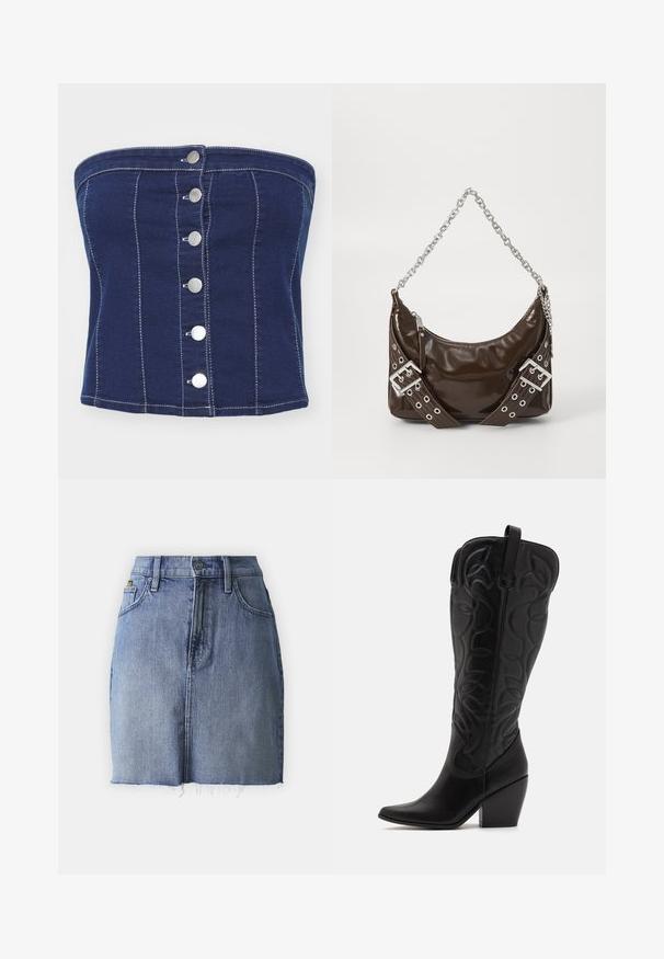 Marineblå denim top uden stropper med vertikal syning og seks sølvfarvede trykknapper foran. Glat tekstur og tætsiddende design.; Denim mini skirt i falmet blå med en frynset kant, fem-lomme design og traditionel knaplukning. Cotton stof med let tekstur.; Sorte knæhøje støvler i læder med spids snude og lagdelt hæl. Har dekorative syninger og buede designelementer.; Mørkebrunt patentlæder håndtaske med sølv kæderekke, dekorerede dobbelte spænder og lynlås lukning.