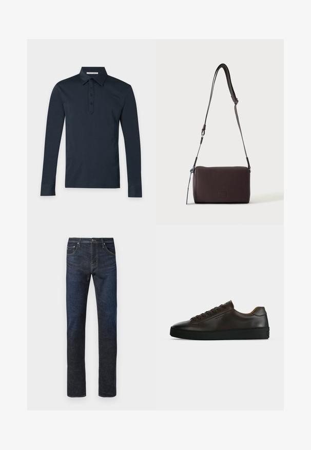 Langærmet mørkeblå polo-shirt med krave og fire knapper langs knaplisten, vist på en ensartet lys baggrund.; Mørkeblå lige ben denim jeans med frontknap, synlig syning og fem-lommes design på en hvid baggrund.; Lavprofil mørkebrune lædersneaker med sort gummisål, snørelukning foran og glat minimalistisk design på lys baggrund.; Mørkebrun textured læder crossbody taske med justerbar rem og lille dekorativ blå accent på siden.