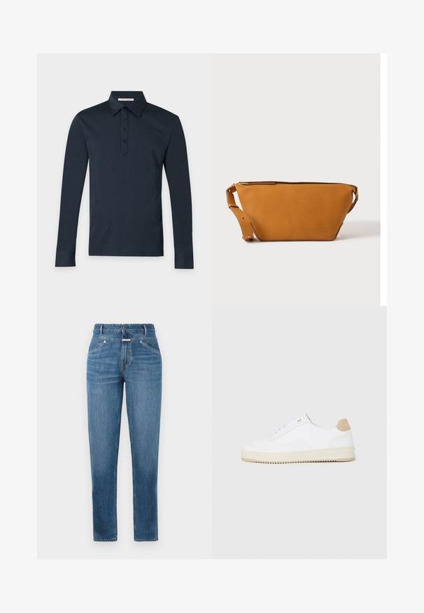 Donkerblauw poloshirt met lange mouwen, kraag en vier knopen langs de knoopsluiting, afgebeeld op een eenvoudige lichte achtergrond.; Blauwe high-waisted rechtlopende jeans met voorkruiszakken, riemlussen, knoopsluiting en subtiele vervagingsdetails.; Witte lage sneakers van textuurleer met een romige, ribbelige zool en een tankleurige hakaccent. Voorzien van witte veters en logodetail op de hak.; Lichtbruine leren crossbodytas met verstelbare band en ritssluiting, getoond tegen een effen lichte achtergrond.