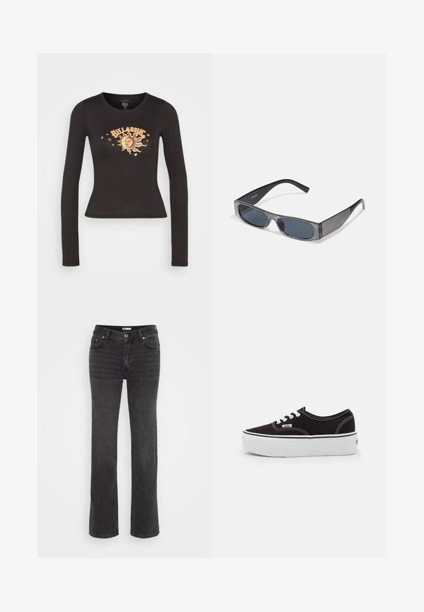 Čierne dlhé rukávy priliehavé crop top s grafikou slnka a mesiaca obklopenou hviezdami a textom "Billabong" na hrudi.; Čierne džínsy z denimu s rovnými nohavicami, vybavené zapínaním na gombíky, piatimi vreckami a jemným vyblednutím. Hladká textúra a klasický dizajn.; Čierne plátenné tenisky s bielou gumovou platformou, s bielymi šnúrkami a stehmi, ikonickým logom na boku, nízkoprofilový dizajn.; Čierne slnečné okuliare s šedými sklami, so sieťovým vzorom malých kovových kamienkov pozdĺž rámov. Hladký povrch, ostrý dizajn.