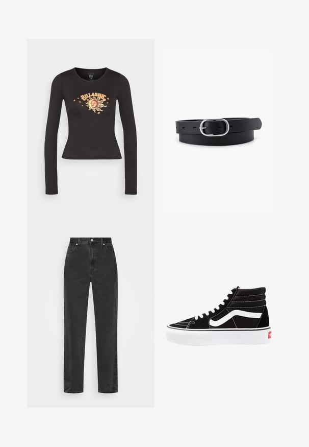 Čierne dlhé rukávy priliehavé crop top s grafikou slnka a mesiaca obklopenou hviezdami a textom "Billabong" na hrudi.; Čierne džínsy s rovnými nohavicami a vysokým pásom, s predným zapínaním na gombík a zips, a štýlom s piatimi vreckami na bielom pozadí.; Čierne vysoké tenisky s bielymi šnúrkami, bielym logom a kontrastným bielym prešívaním. Majú hrubú bielu podrážku a textúrovaný semišový zvršok.; Čierny kožený opasok s hladkým povrchom, oválnou striebornou kovovou prackou a viacerými nastavovacími otvormi pozdĺž pásu. Plochý, minimalistický dizajn.