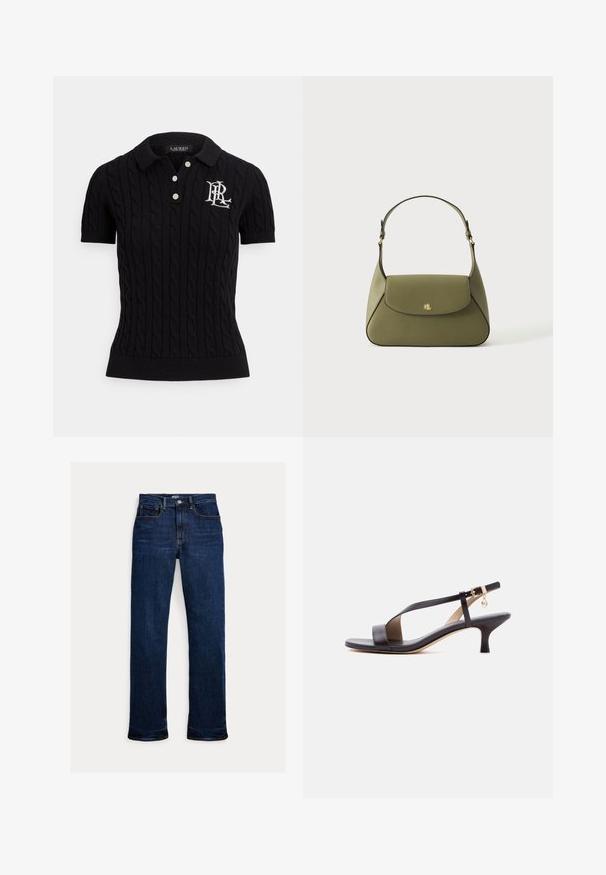 Zwart polo shirt met korte mouwen en kabelgebreide textuur, drie witte knopen bij de kraag en een geborduurd logo op de linkerborst.; Donkerblauwe straight-leg spijkerbroek met knoop en rits aan de voorkant, ontwerp met vijf zakken en zichtbare stikseldetails.; Zwarte leren sandaal met open teen, kittenheel, diagonale band, enkelgesp en een klein gouden bedeltje op een witte achtergrond.; Olijfgroene leren schoudertas met klep en klein gouden "RL"-logo in het midden aan de voorkant.