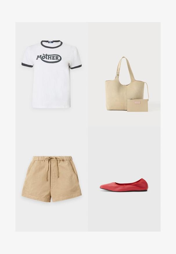 Hvid bomulds-T-shirt med sort ringerhals og ærmer. Indeholder en fed sort "MOTHER" grafik i midten. Klassisk pasform.; Khaki shorts lavet af blødt stof, med en elastisk talje og snøre, to sidelommer og en afslappet pasform.; Filippa K REY FLATS - Ballerinasko - bright red; Beige ruskinds-tote-taske med enkelt skulderrem og tilhørende beige læderpung med lynlås og logoemblem på ensfarvet baggrund.