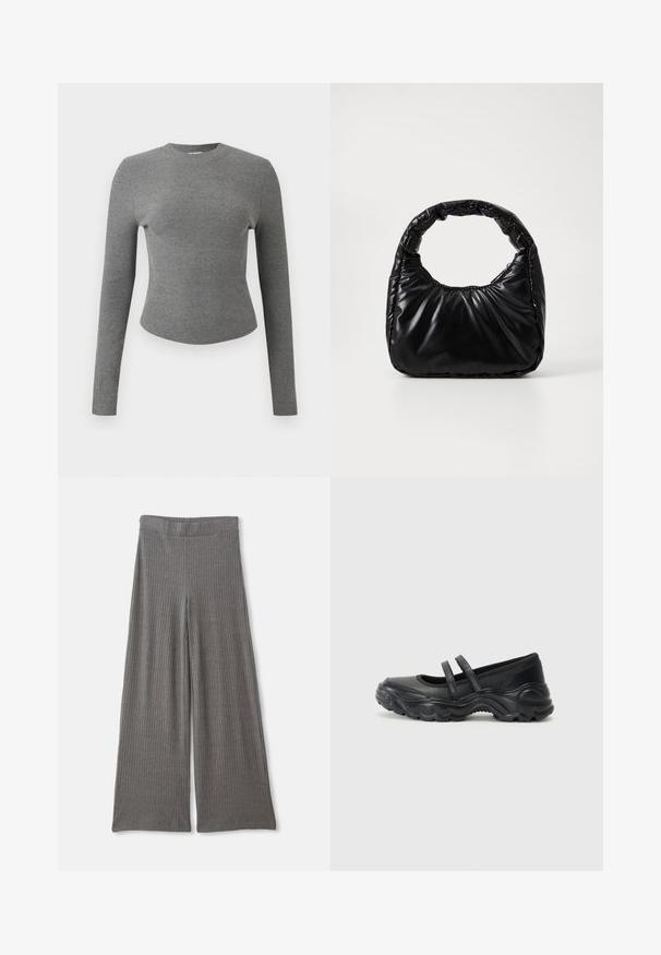 Pull gris à manches longues, ajusté, en maille côtelée, avec un col rond et un ourlet légèrement courbé, présenté sur un fond clair uni.; Pantalons larges gris à côtes avec une taille haute élastique. Le tissu semble doux et texturé, offrant une coupe décontractée sur toute la longueur.; Ballerines noires en cuir avec deux brides réglables, un bout rond et une semelle en caoutchouc texturé pour une meilleure adhérence.; Sac à main noir rembourré avec une poignée arrondie, présentant une surface lisse et brillante ainsi qu'une texture douce et matelassée. Pas de quincaillerie ou d'accents visibles.
