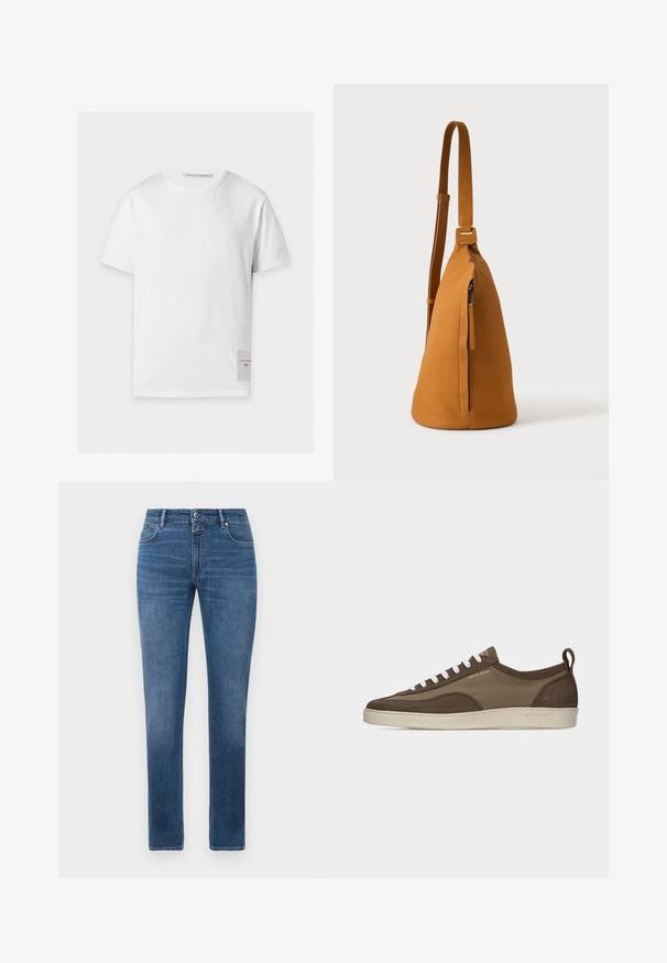 T-shirt blanc uni à manches courtes avec un col rond et une petite étiquette rectangulaire portant le texte de la marque près de l'ourlet inférieur du côté droit.; Jeans en denim bleu coupe droite avec fermeture à bouton à l'avant, fermeture éclair et cinq poches, affichés sur un fond blanc.; Baskets basses marron à profil bas avec lacets blancs, semelle beige, dessus en tissu et daim, languette latérale et logo "Tiger of Sweden" en texte doré.; Sac besace en cuir couleur fauve avec sangle réglable et poche verticale zippée, présenté de profil sur un fond clair uni.