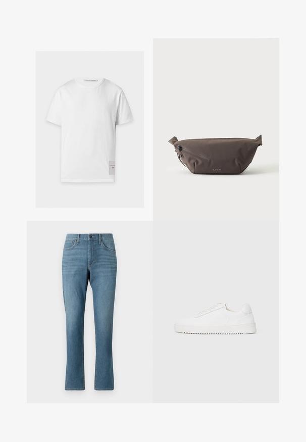 T-shirt blanc uni à manches courtes avec un col rond et une petite étiquette rectangulaire portant le texte de la marque près de l'ourlet inférieur du côté droit.; Jean en denim bleu clair avec une coupe droite, comprenant des poches avant et arrière, une fermeture éclair, et un léger délavage dans le tissu.; Sneaker blanc avec une tige en cuir lisse, bout rond, lacets, accents latéraux texturés et une épaisse semelle en caoutchouc. Design minimaliste.; Sac banane en tissu marron foncé avec poche zippée en diagonale et petit logo blanc sur le devant, sur un fond clair uni.