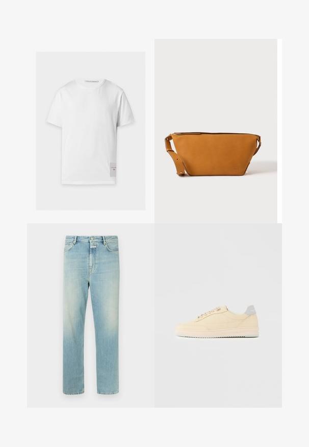 T-shirt blanc uni à manches courtes avec un col rond et une petite étiquette rectangulaire portant le texte de la marque près de l'ourlet inférieur du côté droit.; Jean droit bleu clair en denim, présentant un design classique à cinq poches, des surpiqûres contrastantes et une fermeture par bouton à la taille.; Baskets basses beige à lacets, semelle rose clair et languette grise à l'arrière marquée "Filling Pieces", vues de profil sur fond uni.; Sac bandoulière en cuir marron clair avec sangle réglable et fermeture éclair, présenté sur un fond clair uni.