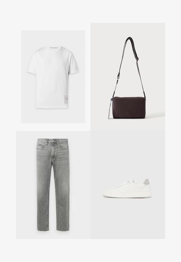 Effen wit T-shirt met korte mouwen, een ronde halslijn en een klein rechthoekig label met merktekst nabij de onderste zoom aan de rechterkant.; Grijze denim jeans met een rechte pijp, voorzien van een klassiek vijf-pocket ontwerp en subtiele vervaging voor textuur. Standaard ritsopening.; Witte lage sneaker met grijze hielpatch, witte veters en een gestructureerde zool, gepresenteerd op een effen lichte achtergrond.; Donkerbruine gestructureerde leren crossbodytas met verstelbare riem en klein decoratief blauw accent aan de zijkant.
