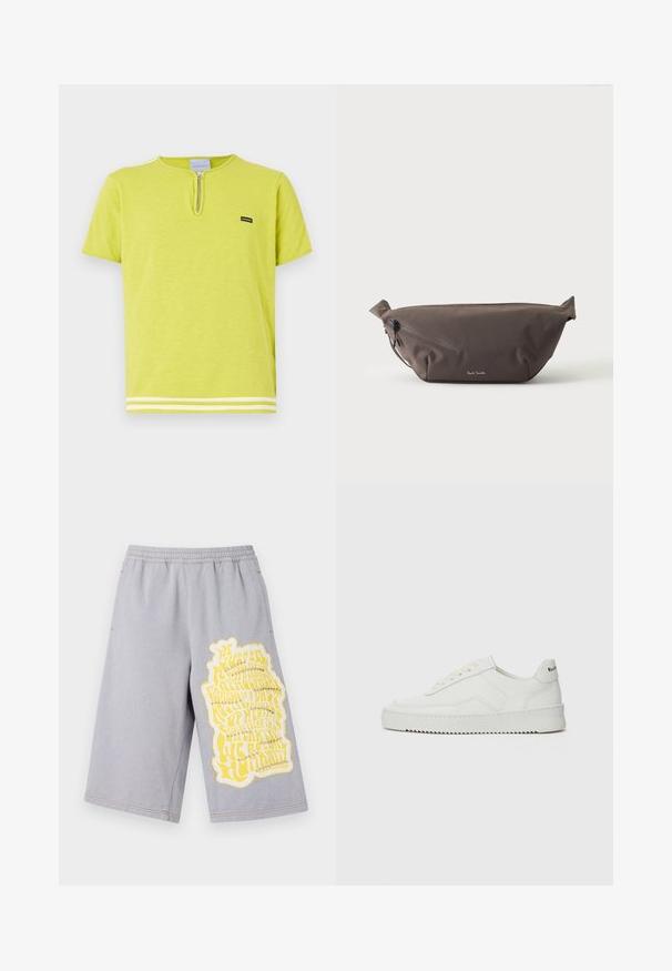 Limettengrünes T-Shirt aus weichem Material mit einem Reißverschluss am Ausschnitt, kurzen Ärmeln und weißen gestreiften Akzenten am Saum.; Graue Baumwollshorts mit einem elastischen Bund, versehen mit einem großen gelben Grafikdruck und ausgefransten Kanten am linken Bein.; Weiße Ledersneaker mit glatter Oberfläche, runder Zehenpartie, flachen Schnürsenkeln und strukturiertem Sohlenprofil. Mit einem dezenten Logo an der Ferse.; Dunkelbraune Stoff-Gürteltasche mit diagonalem Reißverschlussfach und kleinem weißen Logo vorne, vor einem einfarbigen hellen Hintergrund.