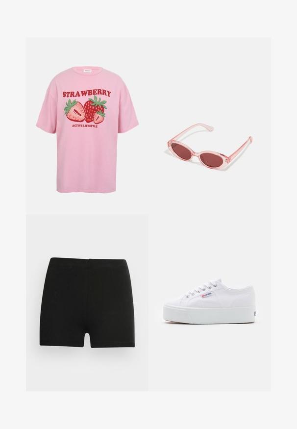 Pink T-shirt med rød tekst "STRAWBERRY" og "ACTIVE LIFESTYLE" med illustrationer af hele og skivede jordbær.; Sorte bomulds shorts med et tætsiddende design og elastisk talje. Glat tekstur, længde til midt på låret, og uden synlige mønstre eller accenter.; Hvide canvas sneakers med en tyk hvid platformssål, rund tå og metaløjelets til snørebånd. Mærkets logo præsenteret på siden.; Lyserøde transparente solbriller med ovale linser, mørkerød toning og slanke stænger, der har en glat overflade og diskret detaljering på rammen.