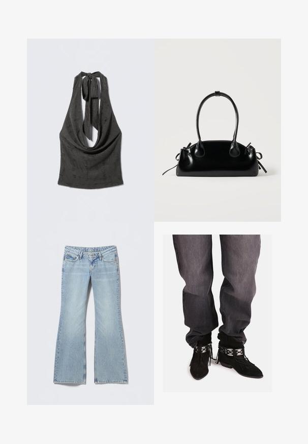 Schwarzes, strukturiertes Neckholder-Top mit tiefem, drapiertem Ausschnitt und gebundenen Trägern am Nacken, präsentiert auf grauem Hintergrund.; Hellblaue Jeans mit ausgestelltem Bein, verblasstem Finish, Fünf-Taschen-Design und kontrastierenden Nähten. Baumwoll-Denim mit glatter Textur.; Schwarze Wildleder-Ankle Boots mit Fransenverzierungen, silbernen dekorativen Akzenten und spitzem Zehenbereich, kombiniert mit lockeren grauen Jeans.; Kleine schwarze glänzende Handtasche mit zwei langen Griffen und seitlichen Kordelzug-Details vor einfachem hellem Hintergrund.