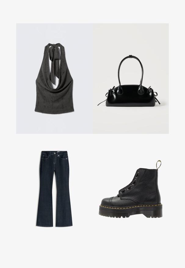 Haut noir texturé à col licou avec un décolleté drapé bas et des bretelles nouées à l'arrière du cou, présenté sur un fond gris.; Jean en denim bleu foncé à taille haute, poches avant, fermeture par boutons et zip, et jambes évasées.; Bottines en cuir noir avec surface texturée, bout arrondi, lacets, coutures jaunes et une épaisse semelle noire crantée.; Petit sac à main noir brillant avec deux longues anses et des détails à cordon sur les côtés sur un fond clair uni.