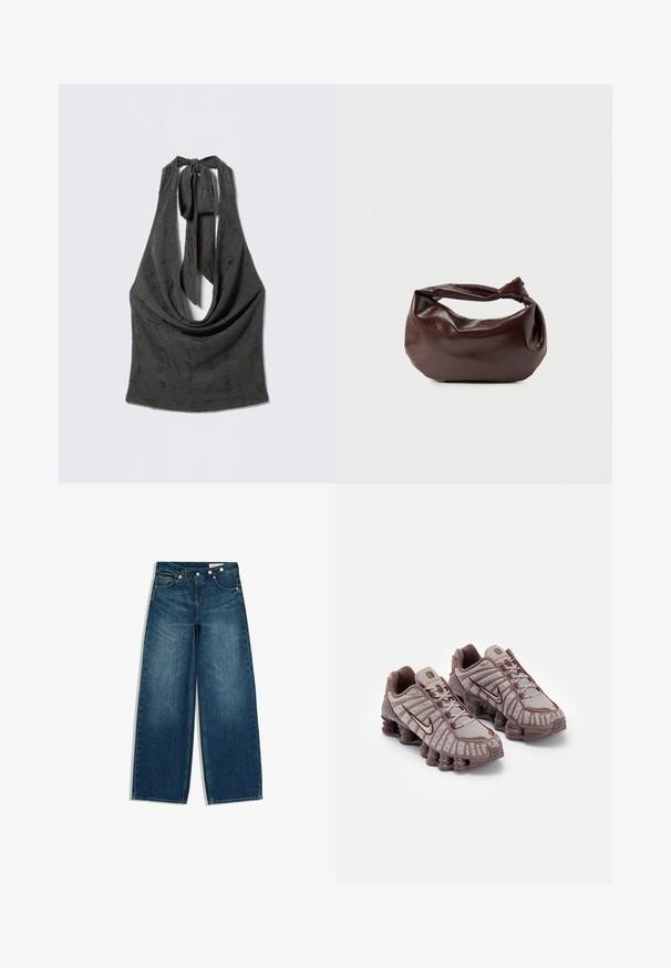Sort tekstureret haltertop med dyb draperet halsudskæring og bundne stropper bag på nakken, vist på en grå baggrund.; Blå jeans med høj talje og vide ben, med for- og baglommer og en skrå knapdetalje i linningen.; Nike Sportswear SHOX TL - Sneakers - pumice/night maroon/plum eclipse; Mørkebrun læder skuldertaske med en blød, afslappet form og et snoet knudehåndtag på en ensartet hvid baggrund.