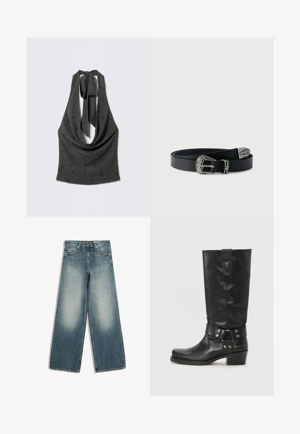 Zwart textuur haltertop met een lage, gedrapeerde halslijn en gestrikte bandjes achter de nek, weergegeven op een grijze achtergrond.; Blauwe jeans met wijd uitlopende pijpen, vervaagde voorkant van de dijen, voorzakken, riemlussen en knoopsluiting.; Zwarte leren kniehoog boots met een afgeronde teen, een band met zilveren hardware en een lage gestapelde hak. "REPLAY MFG. CO" gegraveerd aan de zijkant.; Zwarte leren riem met sierlijke zilveren gesp, lus en uiteinde voorzien van bloemrijke en decoratieve gravures, opgerold op een witte achtergrond.