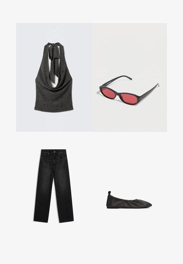 Haut noir texturé à col licou avec un décolleté drapé bas et des bretelles nouées à l'arrière du cou, présenté sur un fond gris.; Jean denim noir à jambes droites avec poches avant, passants de ceinture et fermeture par bouton, présenté sur fond blanc.; Chaussure plate en cuir noir avec un bord élastique froncé, bout pointu et surface lisse. Présente un design minimaliste sans quincaillerie visible.; Lunettes de soleil ovales noires avec des branches fines et des verres teintés rouges posées sur une surface blanche.