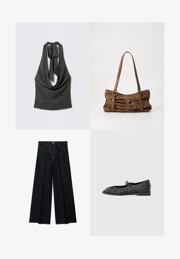 Sort tekstureret haltertop med dyb draperet halsudskæring og bundne stropper bag på nakken, vist på en grå baggrund.; Vide ben jeans i mørkt denim med høj talje, frontlommer og kontrastfarvet syning. Glat tekstur med en skræddersyet finish.; Sort flad sko med plisseret forstykke og bundet sløjfe på toppen, lav hæl og glat tekstur på en lysegrå baggrund.; Even&Odd Håndtasker - brown