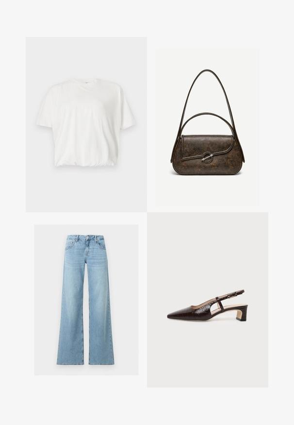 T-shirt blanc à manches courtes et coupe ample, avec encolure ronde et ourlet élastiqué, présenté sur un fond gris clair.; Jean en denim bleu clair taille haute avec jambes larges, bouton et fermeture éclair à l'avant, style classique cinq poches.; Chaussure slingback en cuir marron foncé à texture crocodile, bout pointu, talon bas bloc et bride ajustable avec boucle dorée.; Sac à main en cuir brun foncé texturé avec deux anses, forme rectangulaire arrondie, et fermeture à bouton circulaire argenté sur le rabat avant.