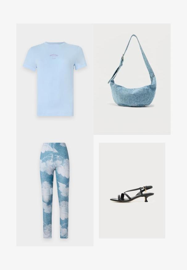 Lyseblå kortærmet t-shirt med rund hals og lille pink tekst "Moschino Jeans 86-28" centreret på brystet.; Leggings med en blå denim baggrund og hvide sky mønstre. Stoffet synes strækbart med en tætsiddende design og ankel længde.; Sort sandal med stropper, kitten hæl, firkantet tå, ankelspænde og en lille gylden charme på en ensartet lys baggrund.; Lyseblå denim skuldertaske med en buet form, justerbar rem og subtilt leopardmønster. Har en logodetalje på forsiden.
