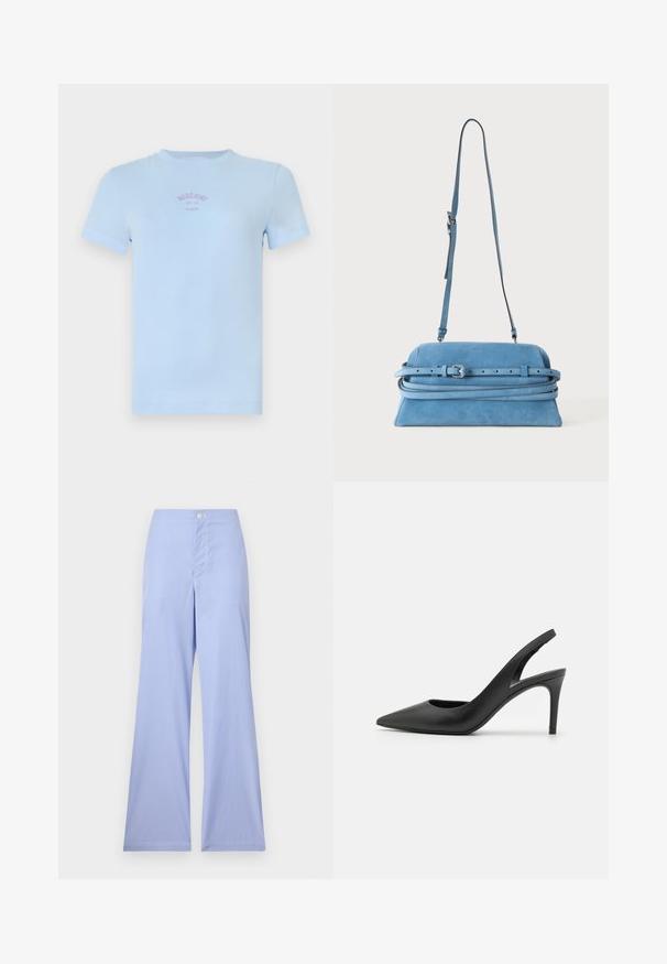 T-shirt bleu clair à manches courtes et col rond avec un petit texte rose "Moschino Jeans 86-28" centré sur la poitrine.; Pantalons larges rayés bleu et blanc, avec une taille haute, ajustés en haut, dotés d'une fermeture à bouton à l'avant et d'une texture lisse.; Escarpins à talon aiguille en cuir noir, avec un design à bout pointu, présentant une découpure à l'avant et un talon fin.; Sac à bandoulière rectangulaire en daim bleu avec bandoulière réglable et détail de ceinture décorative à l'avant sur fond uni.