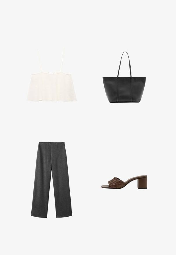 Hvid ærmeløs top i tekstureret strikket stof, med tynde stropper og en slank A-formet silhuet. Enkel og minimalistisk design.; Bredde bukser lavet af mørkegrå stof med en glat tekstur. Har en mellemhøj talje og ingen synlige lukninger eller udsmykninger.; Brun mule-sandal med vævet læderoverdel, åben tå og blokhæl på hvid baggrund.; Sort læder tote taske med lange slanke håndtag, en tekstureret overflade og en bred åben top.