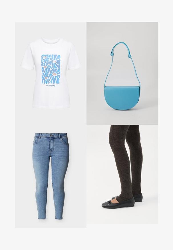 Hvid t-shirt med korte ærmer, prydet med et blåt abstrakt blomsterdesign og teksten "Have a beautiful day" under blomsterne.; Lyseblå tætsiddende jeans med frontknap, fem lommer og frynsede ankelsømme, vist på en hvid baggrund.; Ben iført mørke ribbede leggings kombineret med sorte balletsko med små sløjfedetaljer på hvid baggrund.; Blå, halvcirkelformet håndtaske lavet af glat læder med en enkelt justerbar rem og minimalistisk design. Overfladen er blank med rene kanter.