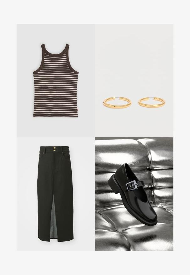 Brun og hvid vandret striped ærmeløs ribbet tank top med rund halsudskæring og tætsiddende pasform.; Sort denimnederdel med høj talje, to guld knaplukninger, slids foran og sidelommer. Glat tekstur og knælangt design.; Sorte læder Mary Jane sko med firkantet tå, en sølv spænde accent og en chunky lav hæl, sat mod en glansfuld sølv baggrund.; Par mediumstore polerede guldøreringe med tynde trådlåse på en helt hvid baggrund.