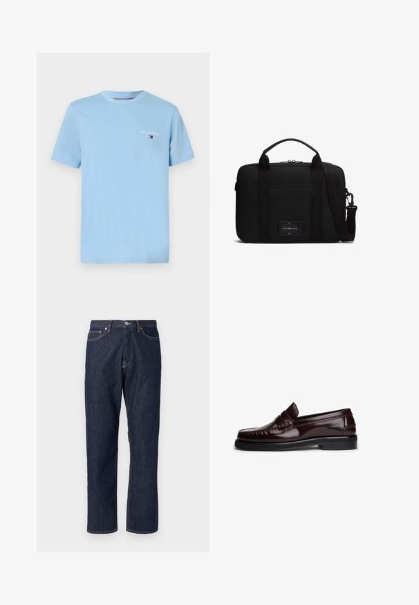T-shirt en coton bleu clair avec un col rond, des manches courtes et un petit logo blanc "HILFIGER" sur la poitrine, avec un accent rouge et bleu.; Jean en denim bleu foncé avec une coupe droite. Comprend une fermeture à bouton et à fermeture éclair, cinq poches et des détails de surpiqure contrastants.; Mocassins en cuir marron à finition brillante, ornés de coutures décoratives, avec une bride sur le dessus et une semelle en caoutchouc plate.; Mallette rectangulaire noire avec poignée supérieure et bandoulière réglable, équipée d'un écusson logo à l'avant et d'une fermeture éclair horizontale sur la poche avant.