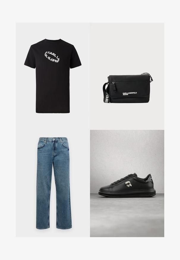 Zwarte katoenen t-shirt met korte mouwen en een ronde hals. Voorzien van een witte, vervormde logo-tekst gedrukt op de voorkant.; Blauwe denim jeans met een rechte snit, voorzien van vijf zakken, een knoop- en ritssluiting, en zichtbare stikseldetails.; Persoon draagt zwarte leren broek en zwarte sneakers met een klein cartoonaccessoire aan de zijkant, staand op een houten vloer.; Zwarte boodschappentas van glad nylon. Voorzien van een verstelbare band, een voorvak met ritssluiting en een wit gedrukt logo. Rechthoekige vorm met een minimalistisch ontwerp.