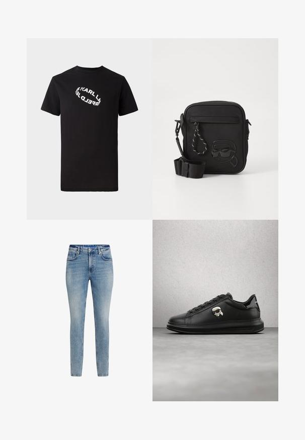 Zwarte katoenen t-shirt met korte mouwen en een ronde hals. Voorzien van een witte, vervormde logo-tekst gedrukt op de voorkant.; Lichtblauwe, slim-fit jeans van denim. Voorzien van een vijf-pocket ontwerp, knoopsluiting en subtiele vervaging. Glen soepel oppervlak en rechte pijpen.; Persoon draagt zwarte leren broek en zwarte sneakers met een klein cartoonaccessoire aan de zijkant, staand op een houten vloer.; Zwarte crossbody tas van textuur materiaal, met een voorvak en een gegraveerd ontwerp van een gezicht met een zonnebril. Inclusief verstelbare schouderriem.