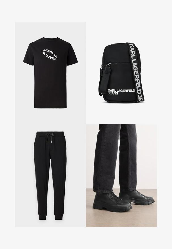 Camiseta de algodón negra con mangas cortas y cuello redondo. Presenta un texto de logo distorsionado en blanco impreso en el frente.; Pantalones deportivos negros con cintura elástica, cordón ajustable, bolsillos laterales y piernas ajustadas. Fabricados con un tejido suave y elástico.; Zapatillas negras con cordones, con una suela gruesa y texturizada y una parte superior lisa. Presentan ojales de metal y un acento estriado alrededor de la puntera.; Bolso cruzado de tela negra con forma rectangular, que cuenta con un bolsillo frontal con cremallera y una bandolera con logo en blanco en contraste.