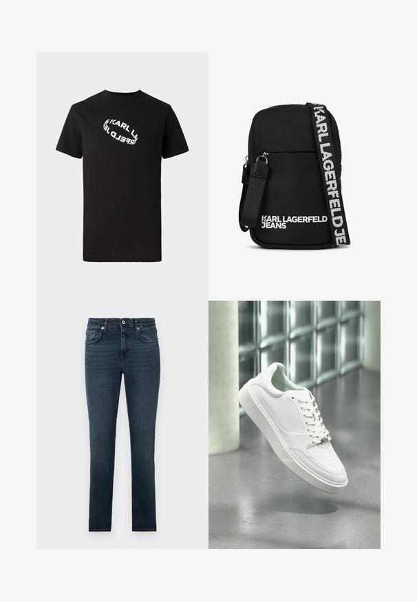 Schwarzes Baumwoll-T-Shirt mit kurzen Ärmeln und Rundhalsausschnitt. Auf der Vorderseite befindet sich ein verzerrter, weißer Logotext.; Dunkelblaue Slim-Fit-Jeans mit Vordertaschen, Knopf und Gürtelschlaufen, auf einem schlichten hellen Hintergrund präsentiert.; Weißer Ledersneaker mit abgerundeter Spitze, Schnürverschluss und flacher Gummisohle. Verfügt über perforierte Details und dezentes Logo-Akzent.; Schwarze Stoff-Crossbody-Tasche mit rechteckiger Form, ausgestattet mit einer Reißverschlusstasche an der Vorderseite und einem kontrastierenden Logo-Gurt in Weiß.