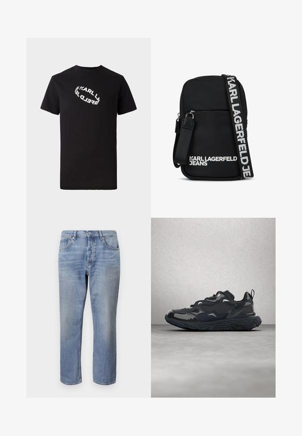 Camiseta de algodón negra con mangas cortas y cuello redondo. Presenta un texto de logo distorsionado en blanco impreso en el frente.; Vaqueros de mezclilla azul claro con corte recto, diseño de cinco bolsillos, costuras visibles y cierre de botón en la cintura.; Zapatilla de correr negra con parte superior texturizada, detalles suaves y suela gruesa con dibujo de ondas, diseñada para ofrecer comodidad y durabilidad.; Bolso cruzado de tela negra con forma rectangular, que cuenta con un bolsillo frontal con cremallera y una bandolera con logo en blanco en contraste.